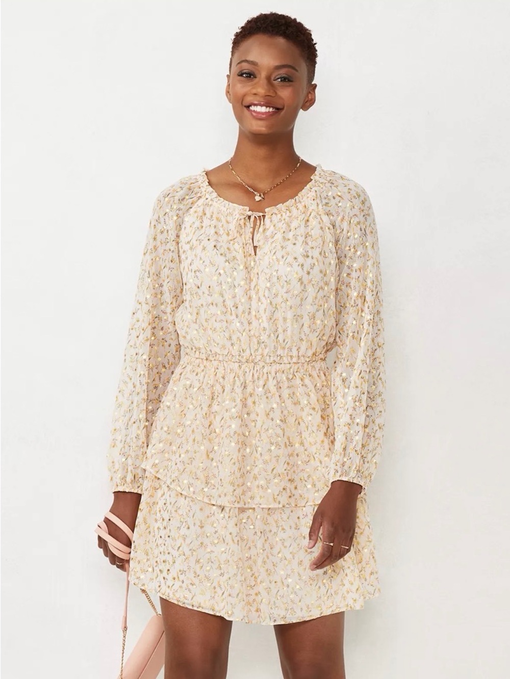 LC Lauren Conrad Blush Gold Floral Dress mini peasant long sleeves EUC SZ XL 16